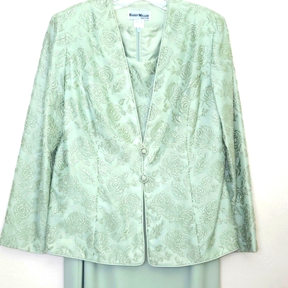 Formal Maxi Dress Matching Blazer Pastel Sea Foam Green Lace Scoop Neck Wedding